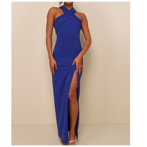 Lulu's Royal Blue Crisscross Halter Maxi Dress